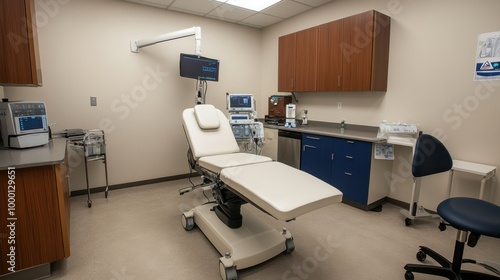 Medical equipment arranged neatly in a well-lit, sterile room, emphasizing a clean, professional healthcare space.