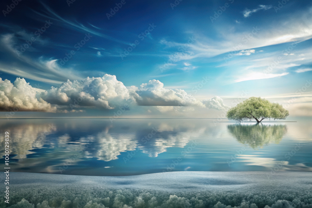Obraz premium A serene solitary tree reflects in the calm waters under a sky filled with dramatic clouds at twilight. Generative AI