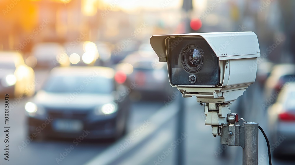 Detailed close up of a car speed camera on a bright urban street with room for text Detailed close up of a car speed camera on a bright urban street with room for text