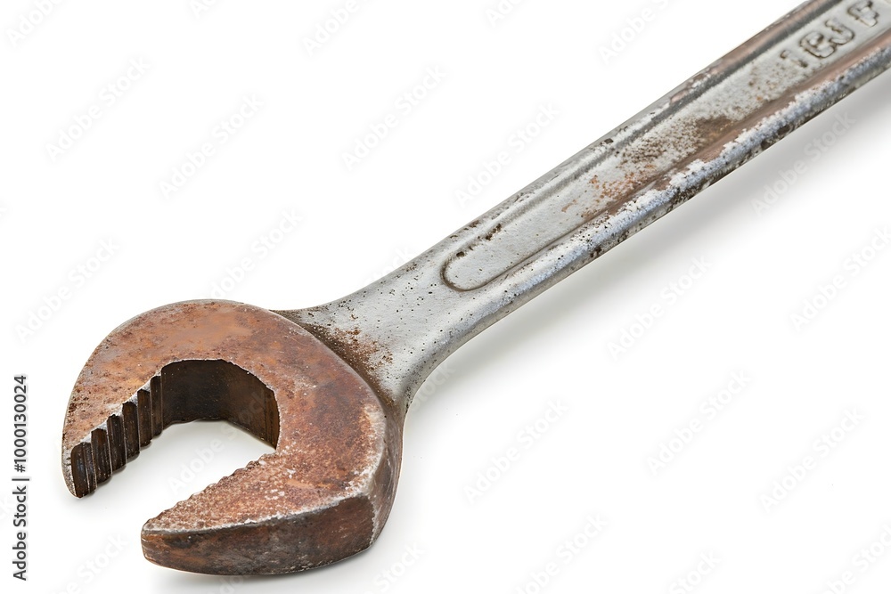 Old rusty spanner on a white background, closeup of photo Old rusty spanner on a white background, closeup of photo