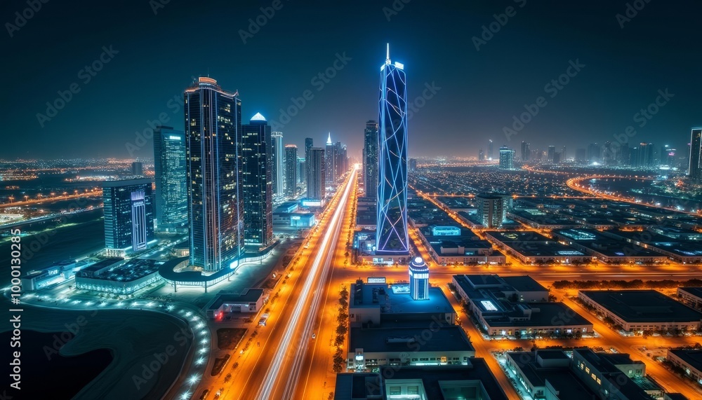 Obraz premium Bright city lights at night illuminated skyscrapers and highways