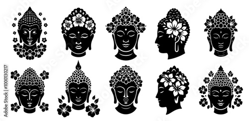 buddha portrait set in black hand-drawn vector illustration