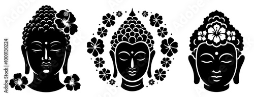 detailed buddha face portrait set in black and white vector design