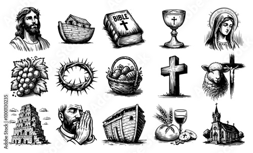 artistic collection of christian attributes, hand-drawn in black and white with spiritual significance