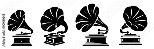 hand-drawn vintage gramophone set with old-fashioned design black vector