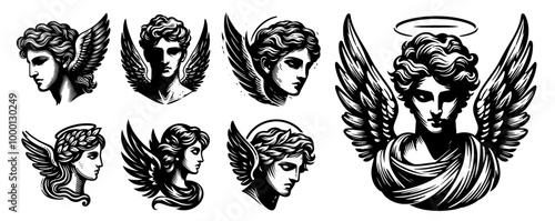 collection of angel portraits in hand-drawn sketch style black vector