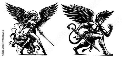 Fierce Angelic Defenders: Black and White Illustrations of Archangels in Combat Stances
