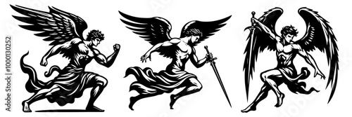 Dynamic Angelic Warriors Graphics Set: Hand-Drawn Angel Silhouettes in Action