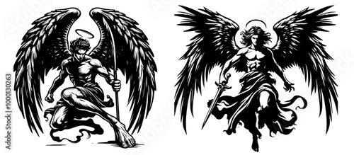 Powerful Archangels in Motion: Illustrations of Divine Warriors with Swords