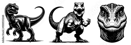collection of t-rex dinosaur silhouettes in sketch style black vector