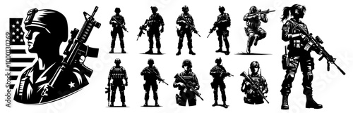 combat-ready soldiers in tactical gear, detailed black and white vector illustration of military personnel