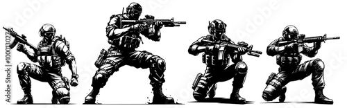 highly detailed illustration of soldiers in action, black and white combat team in various tactical positions