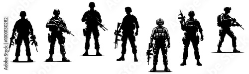 collection of tactical soldier silhouettes, black and white illustration showcasing different military stances and equipment
