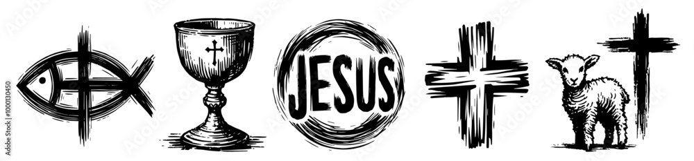 collection of christian symbols in doodle style, hand-drawn black and white vector illustrations collection of christian symbols in doodle style, hand-drawn black and white vector illustrations