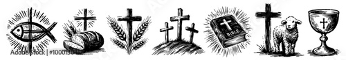 detailed set of hand-drawn christian attributes, including crosses, bibles, and other religious symbols