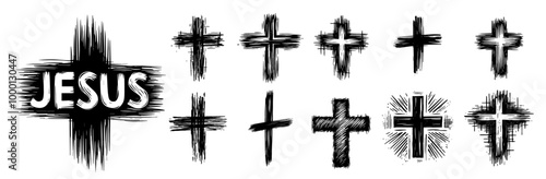 rough hand-drawn christian crosses and symbols black vector