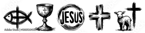 collection of christian symbols in doodle style, hand-drawn black and white vector illustrations