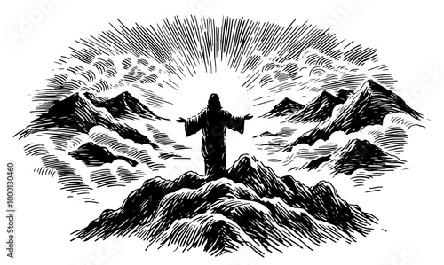 silhouette of person standing on mountain peak sketch black vector
