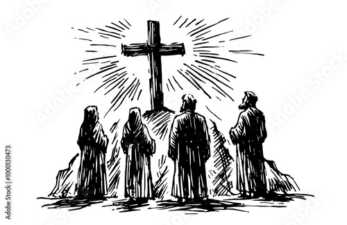 group of people gazing at a cross on the hill hand-drawn black vector
