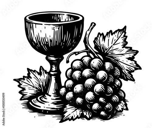 christian chalice and grapes sketch symbols in black vector design