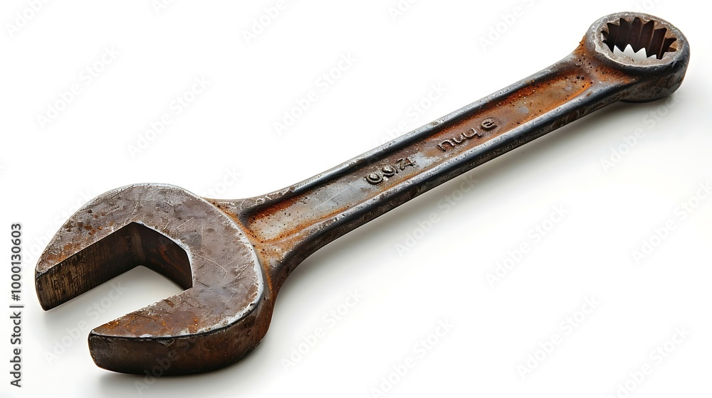Old rusty spanner on a white background, closeup of photo Old rusty spanner on a white background, closeup of photo
