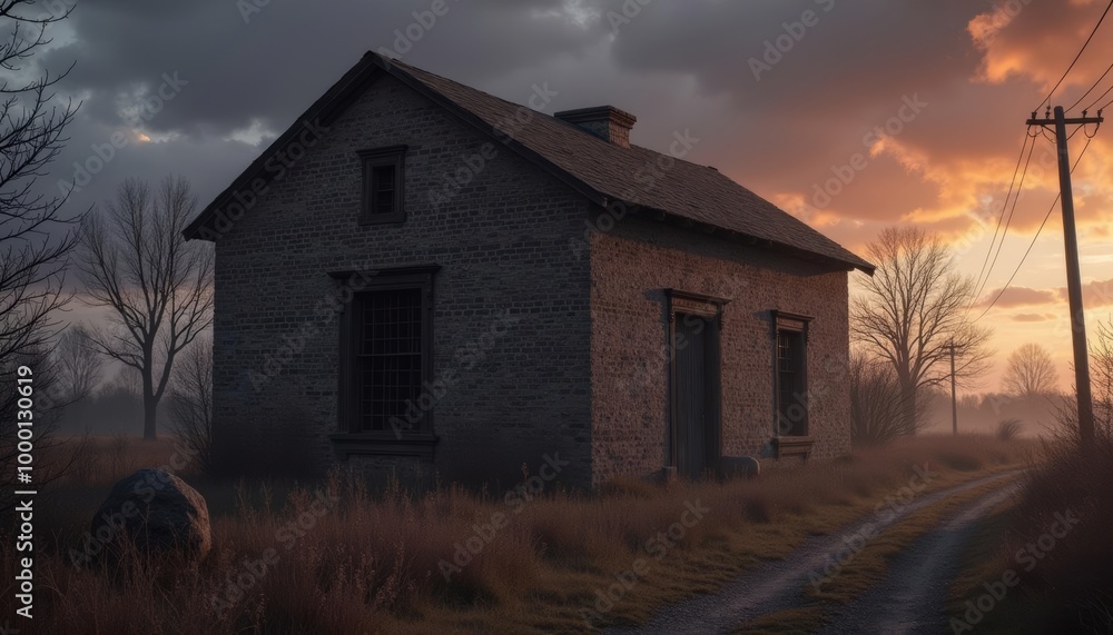 Eerie solitude Abandoned house at sunset Eerie solitude Abandoned house at sunset