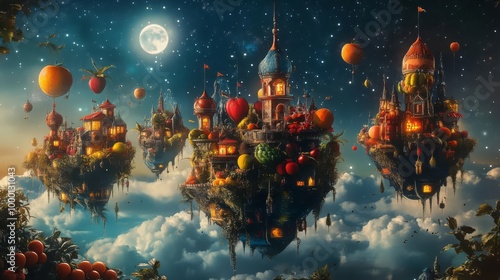 A whimsical floating cityscape with vibrant fruits, balloons, and moonlight creating a magical, dreamlike atmosphere.