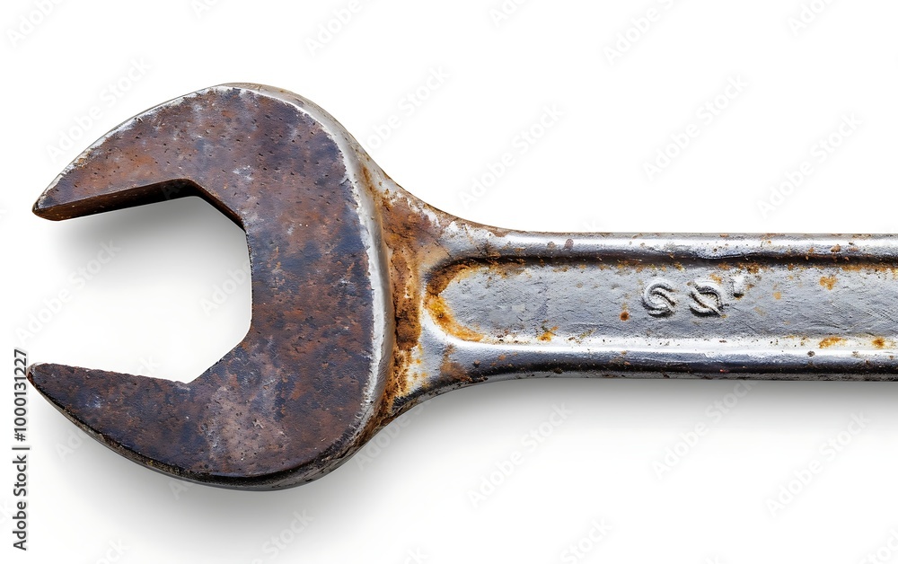 Old rusty spanner on a white background, closeup of photo