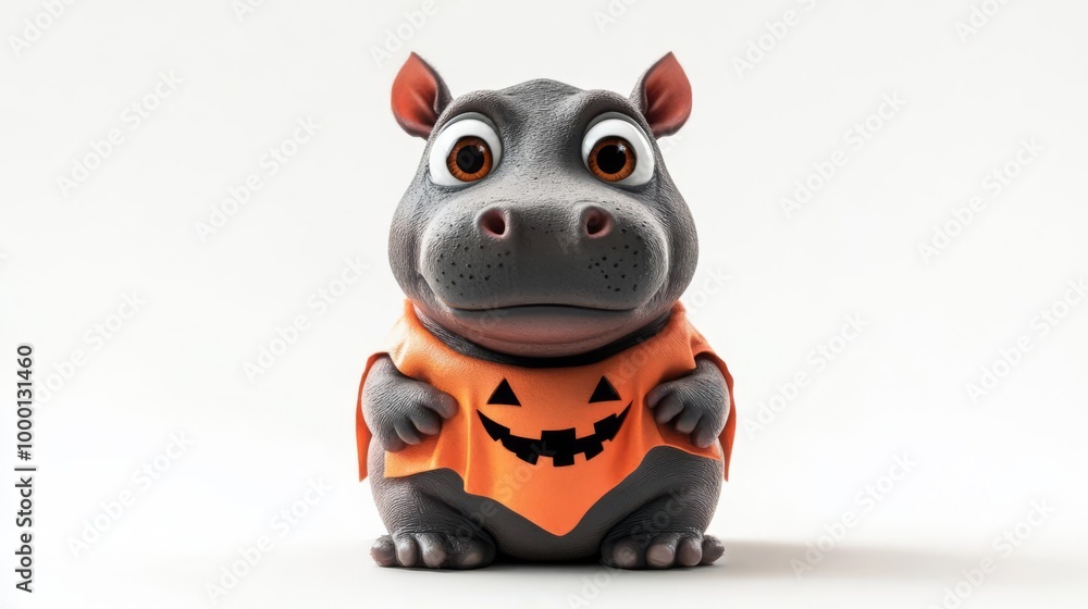 Cute cartoon hippo wearing a Halloween pumpkin costume on a white background, perfect for festive decorations or children's content. Cute cartoon hippo wearing a Halloween pumpkin costume on a white background, perfect for festive decorations or children's content.
