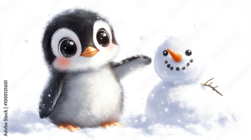 Cute illustration of a baby penguin and a snowman playing in the snow, perfect for winter and holiday-themed designs. Cute illustration of a baby penguin and a snowman playing in the snow, perfect for winter and holiday-themed designs.