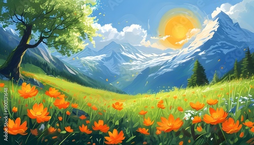 Vibrant grass field adorned with orange blossoms and majestic green mountains under a bright sunny sky