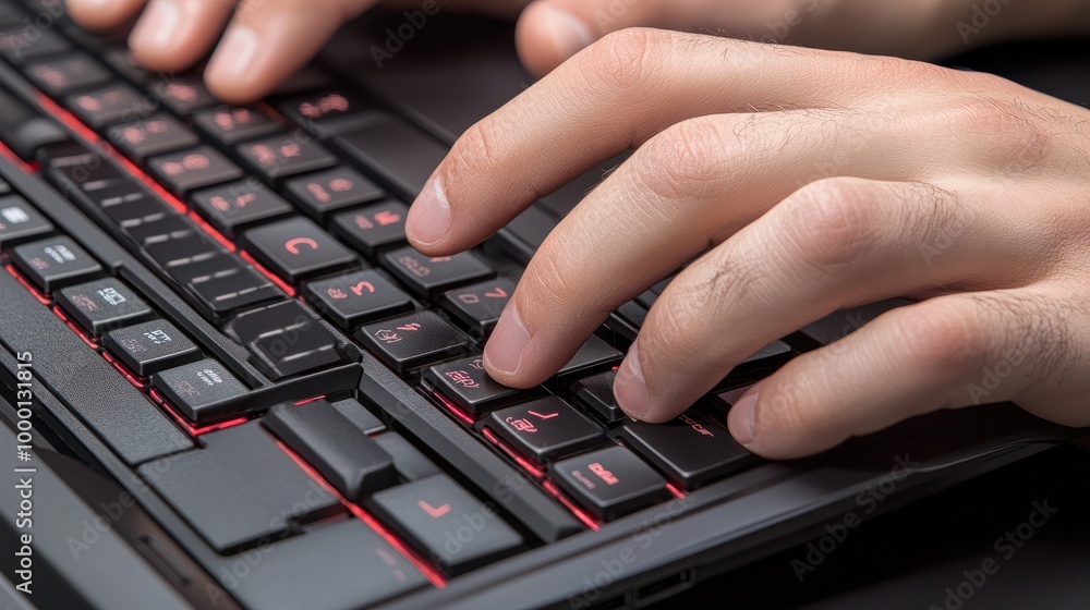 Close-up of a person's hands typing on a laptop keyboard Close-up of a person's hands typing on a laptop keyboard