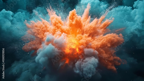 Dramatic explosion with vibrant orange and blue smoke creating a stunning visual effect and dynamic atmosphere in the sky.