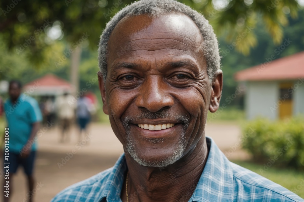 Close portrait of a smiling senior Grenadian man looking at the camera, Grenadian outdoors blurred background Close portrait of a smiling senior Grenadian man looking at the camera, Grenadian outdoors blurred background
