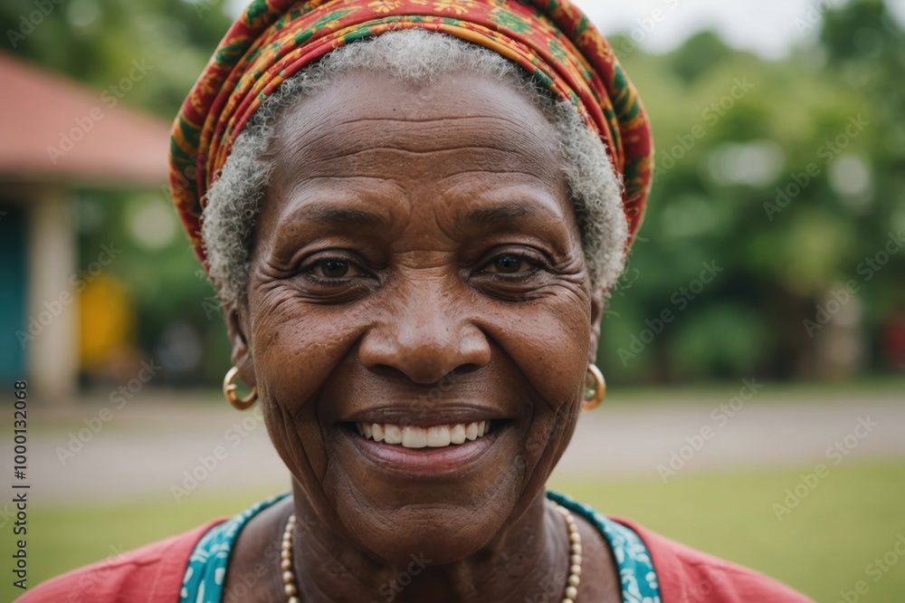 Close portrait of a smiling senior Grenadian woman looking at the camera, Grenadian outdoors blurred background Close portrait of a smiling senior Grenadian woman looking at the camera, Grenadian outdoors blurred background