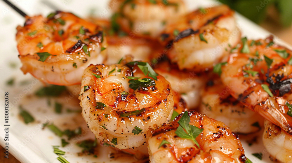 A small, tender skewer of grilled shrimp with a light glaze, garnished with fresh parsley and a hint of garlic butter, resting on a serving platter. A small, tender skewer of grilled shrimp with a light glaze, garnished with fresh parsley and a hint of garlic butter, resting on a serving platter.