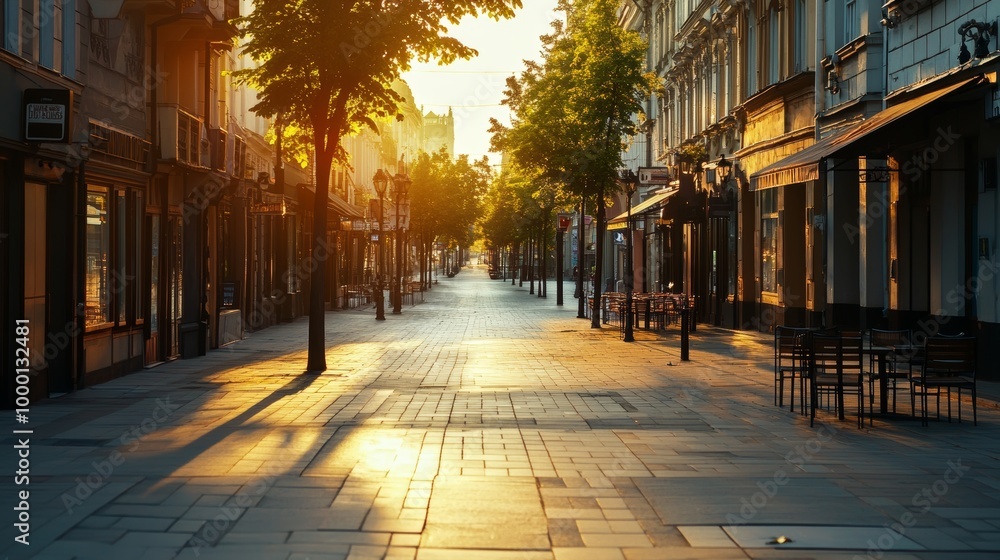 Obraz premium Serene urban street at dawn a quiet city morning with gentle sunlight and closed cafes