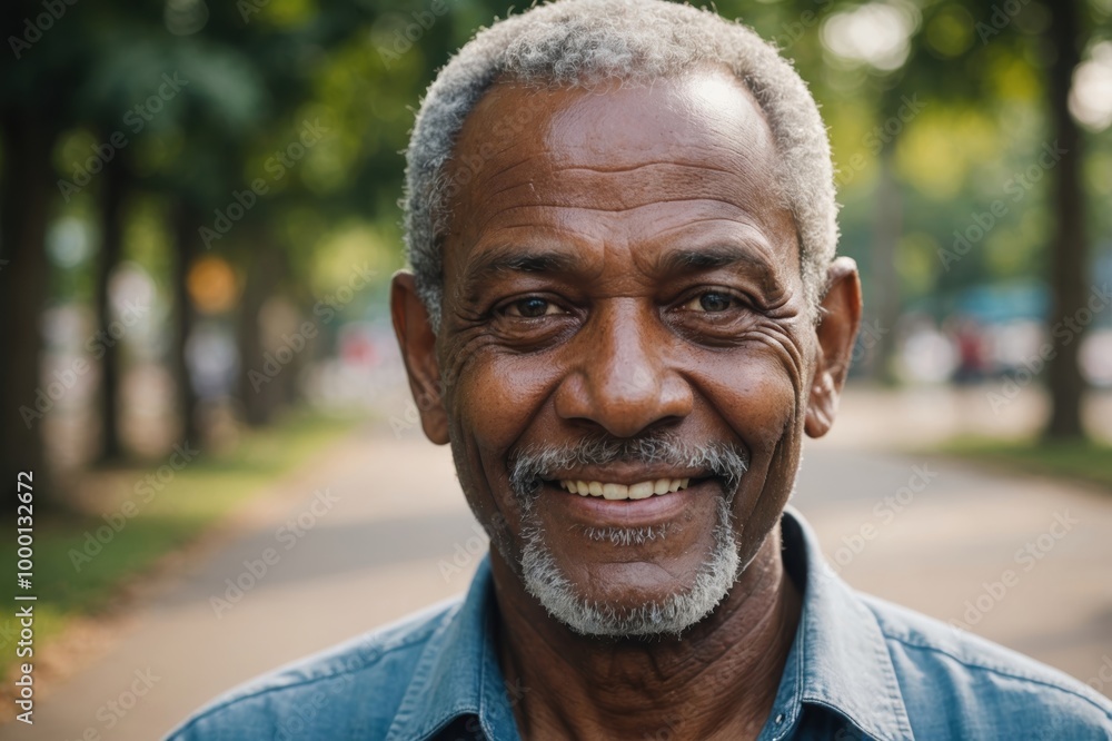 Close portrait of a smiling senior Guyanese man looking at the camera, Guyanese outdoors blurred background Close portrait of a smiling senior Guyanese man looking at the camera, Guyanese outdoors blurred background
