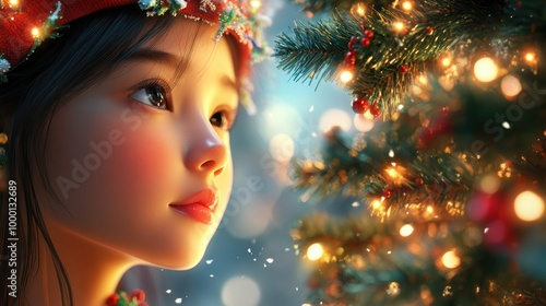 Cuta asian christmas girl with beautiful tree and lights with copy space photo