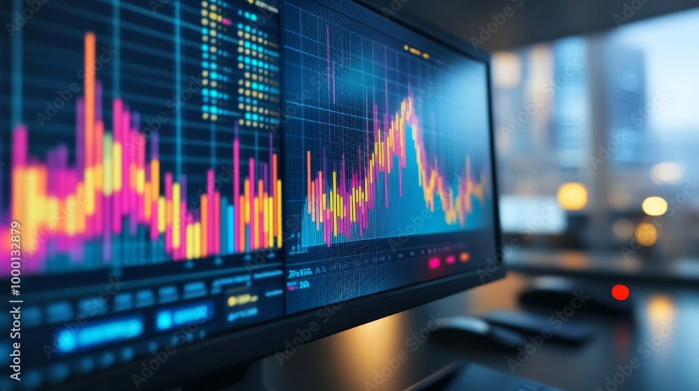 A close-up of a computer screen displaying a colorful financial graph with upward and downward trends, set in a modern office environment. A close-up of a computer screen displaying a colorful financial graph with upward and downward trends, set in a modern office environment.