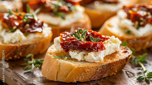 A medium close-up of a single bite-sized bruschetta topped with creamy goat cheese, sun-dried tomatoes, and a sprig of fresh thyme.