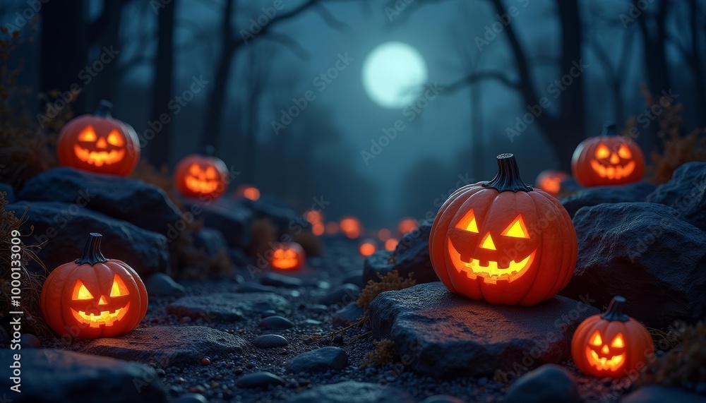 Eerie Halloween path with glowing jackolanterns Eerie Halloween path with glowing jackolanterns