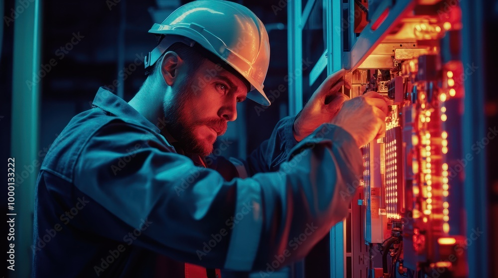 Electrician at work with safety helmet in industrial environment representing skilled labor, electrical engineering, safety, and industry. Electrician at work with safety helmet in industrial environment representing skilled labor, electrical engineering, safety, and industry.