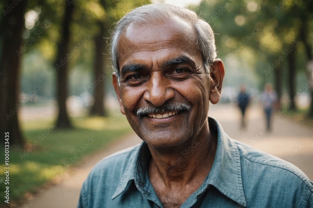Close portrait of a smiling senior Indian man looking at the camera, Indian outdoors blurred background Close portrait of a smiling senior Indian man looking at the camera, Indian outdoors blurred background