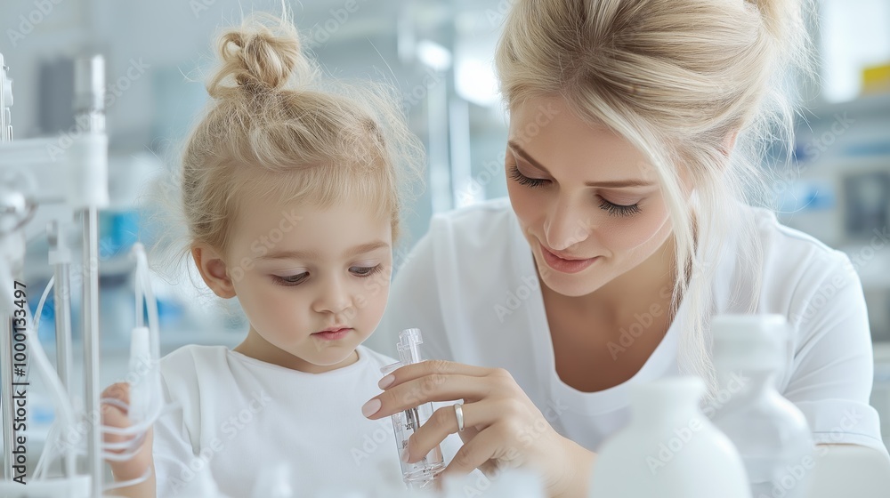 Nurse explains fingertip pulse monitor to curious child in a bright medical setting, fostering interest in health and technology Nurse explains fingertip pulse monitor to curious child in a bright medical setting, fostering interest in health and technology