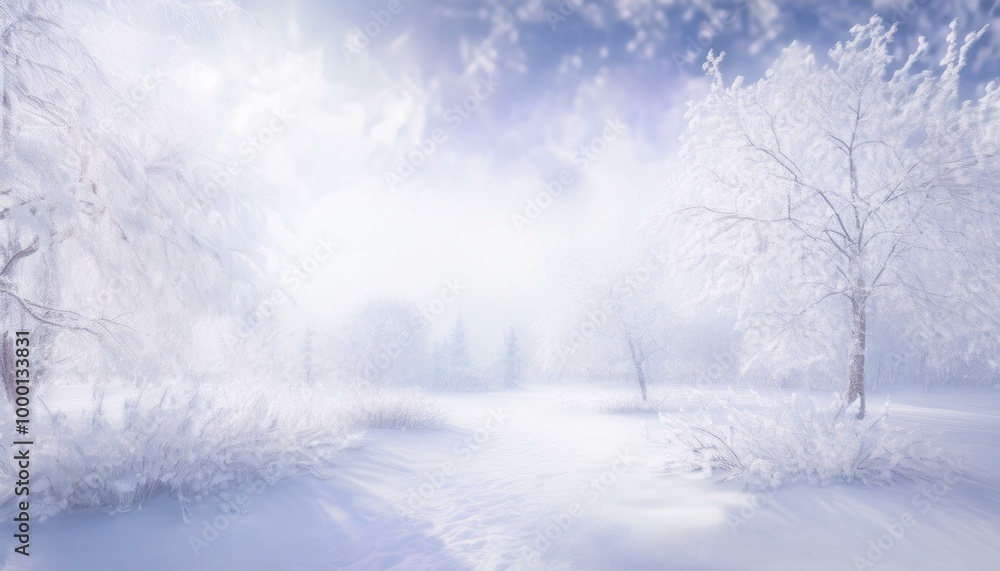 Fototapeta premium Beautiful bright white winter Christmas background. A path in the park, lots of snow, tree branches covered with glittering silver frost, bokeh light, copyspace.