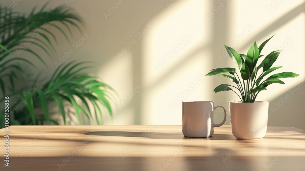Front view of a wooden desk with a coffee mug and a houseplant, providing space for work and copying. Front view of a wooden desk with a coffee mug and a houseplant, providing space for work and copying.