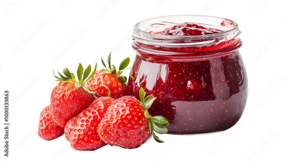 A jar of strawberry jam with fresh strawberries beside it, solated on transparent background, PNG file A jar of strawberry jam with fresh strawberries beside it, solated on transparent background, PNG file