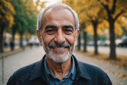 Close portrait of a smiling senior Iranian man looking at the camera, Iranian outdoors blurred background