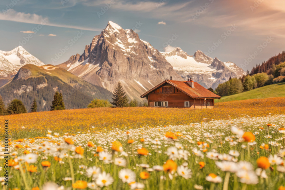 Fototapeta premium Charming wooden cottage nestled among vibrant wildflowers and majestic mountains under a golden sunset in the Swiss Alps. Generative AI